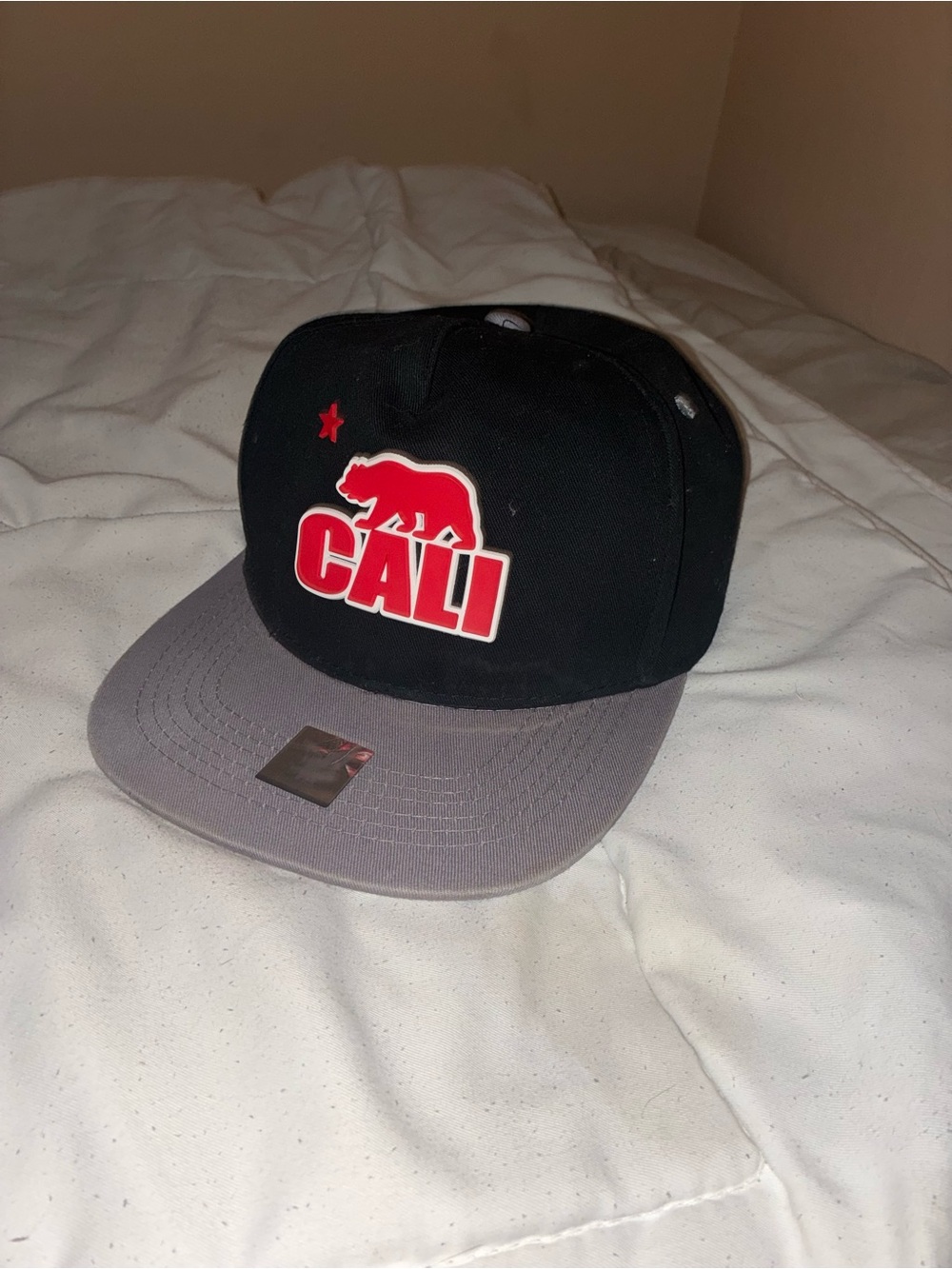 CALI Black and Gray Snapback Hat with Red Logo